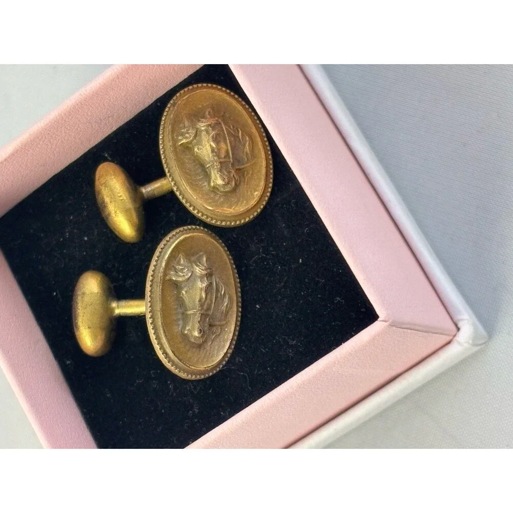 Antique  Horse Gold filled Embossed Equestrian  Victorian Old Cufflinks-7.67 GR